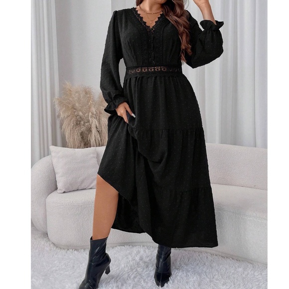 Plus Black Swiss Dot Lace Long Sleeve Maxi Dress - Picture 1 of 5